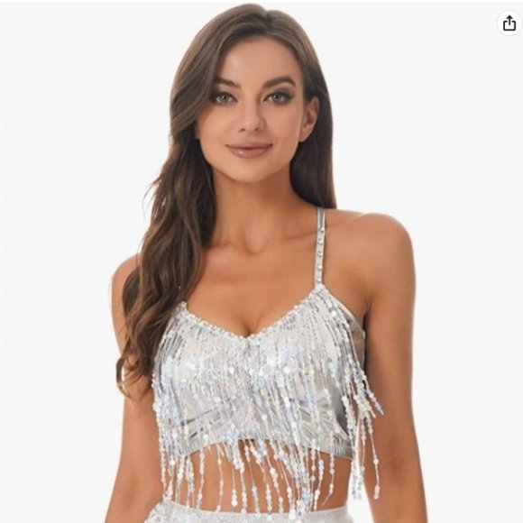 Linjinx Tops Womens V Neck Crop Top Fringe Tassel Sequin Silver